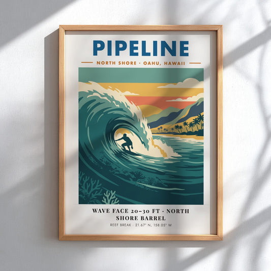 Vintage style poster of a surfer riding a large wave at Pipeline Hawaii beach