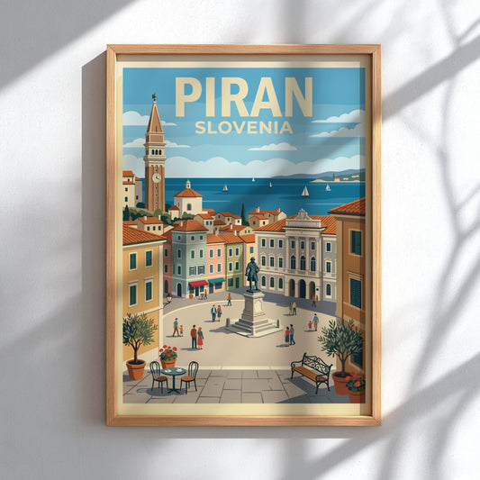 Poster of Piran Slovenia featuring a town square, historic bell tower, and sailboats.