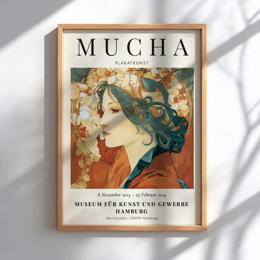 Alphonse Mucha poster featuring a woman with floral motifs in soft colors