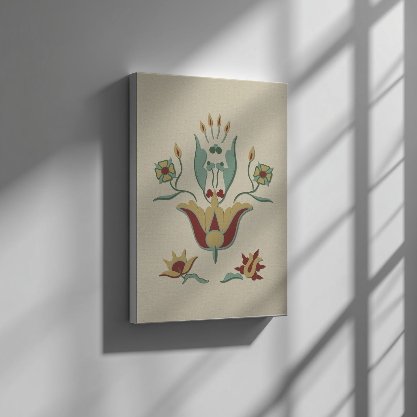 Folk Art of Rural Pennsylvania poster featuring a stylized floral motif in red, yellow, and teal on a cream