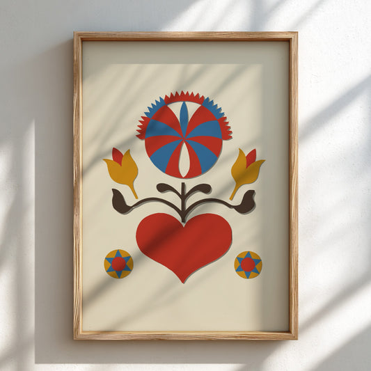 Folk Art of Rural Pennsylvania poster featuring a red heart, yellow tulips, and a sunburst motif in red and