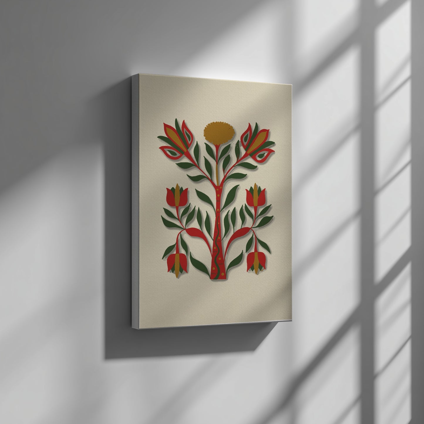 Folk art poster of a stylized tree with red, green, and gold flowers and leaves on a cream background.