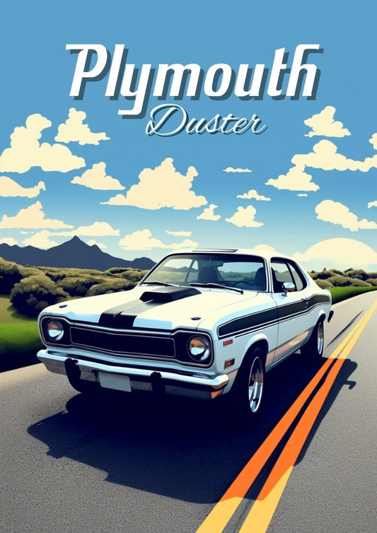 Affiche Plymouth Duster – Impression d'art mural classique des années 1970 pour collectionneurs de voitures anciennes
