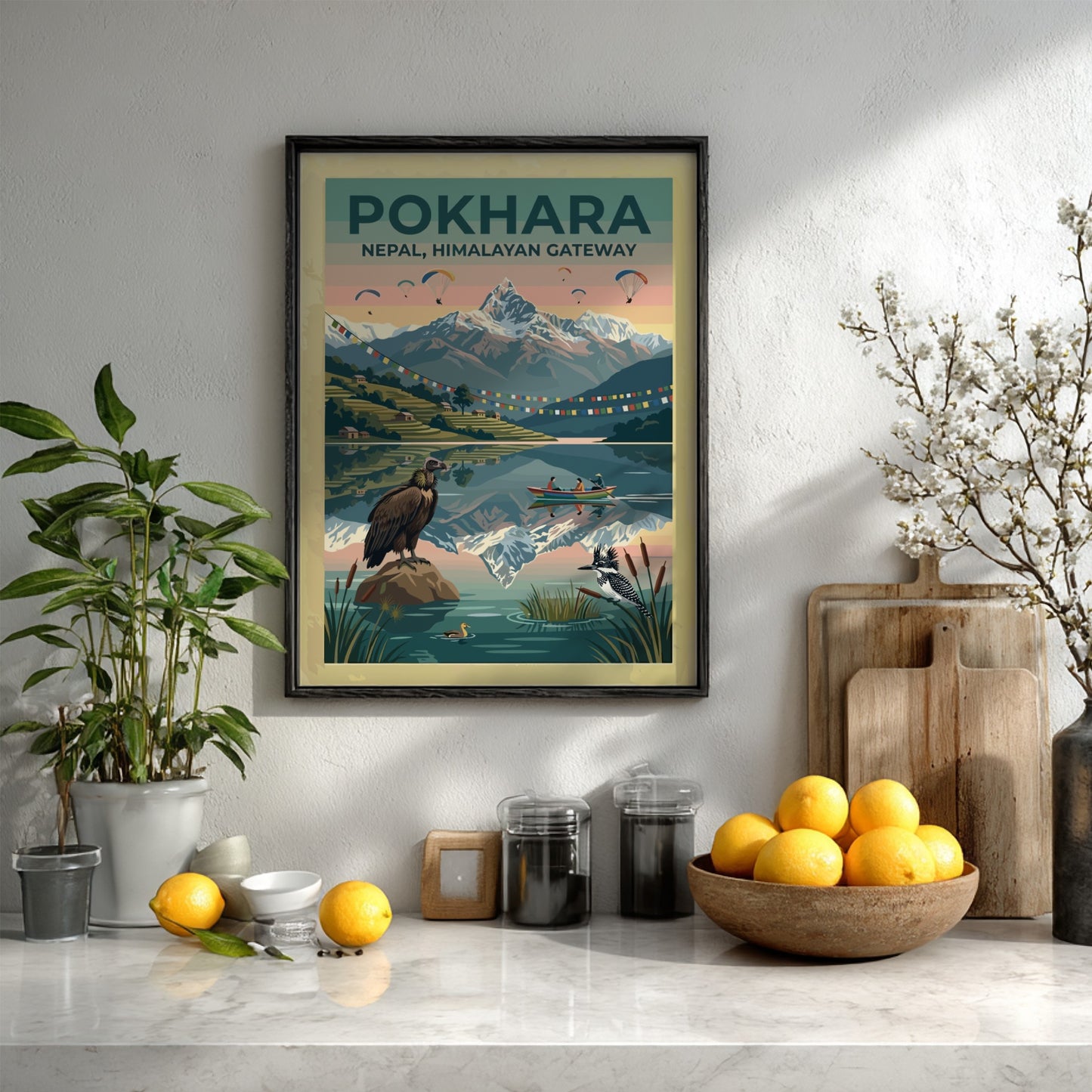 Pokhara Himalayan Gateway travel poster featuring snowy mountains, prayer flags, paragliders, and local