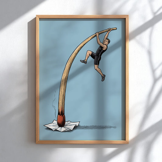 Poster featuring a pole vaulter using a burning matchstick as a vaulting pole