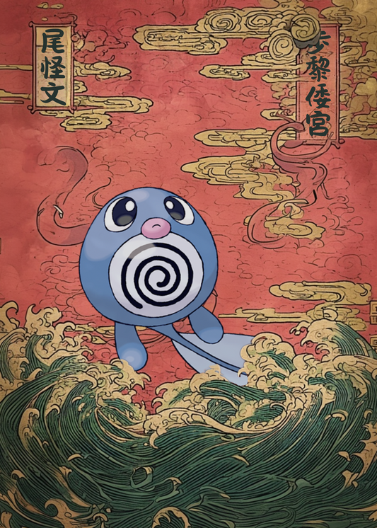 Poliwag Pokemon character on a red background with gold accents and wave patterns.