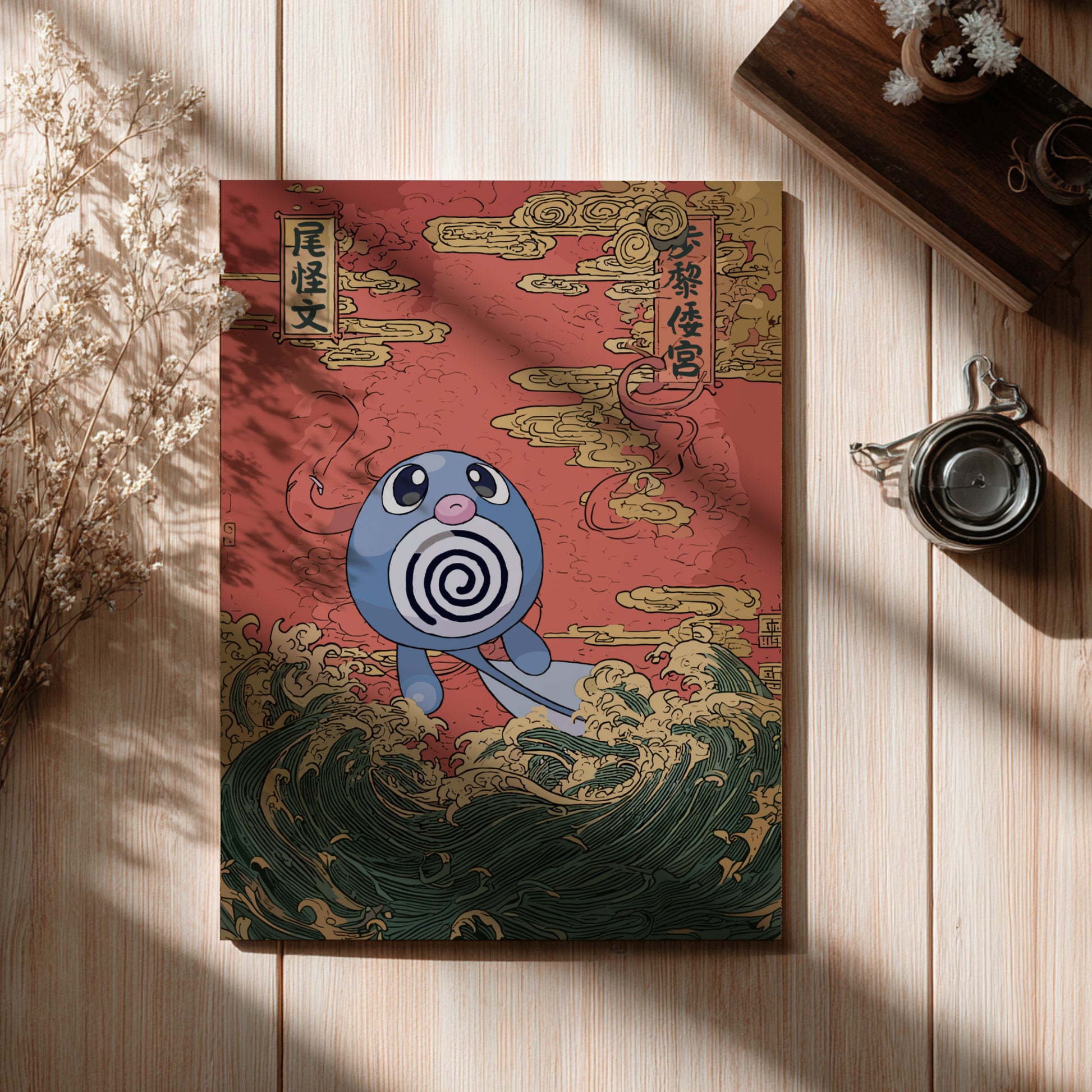 Poster with Poliwag Pokemon creature illustration on a red background, placed on a wooden surface.