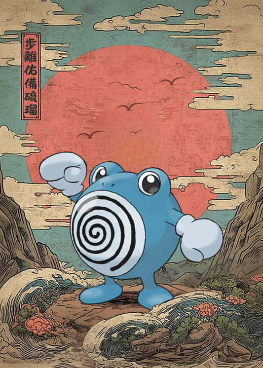 Poliwhirl Pokemon design on a stylized Japanese landscape with a large red sun.