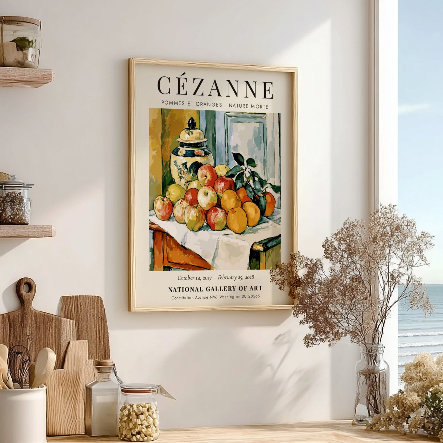 Cézanne Exhibition Poster featuring Pommes et Oranges with vibrant apples and oranges in a still life