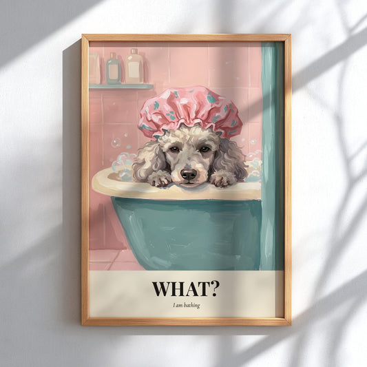 Poster of a poodle in a shower cap sitting inside a blue bathtub.