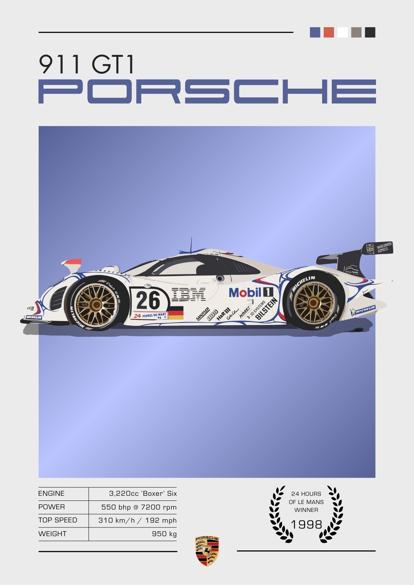 Affiche Porsche 911 GT1 – Décoration murale emblématique de la course du Mans