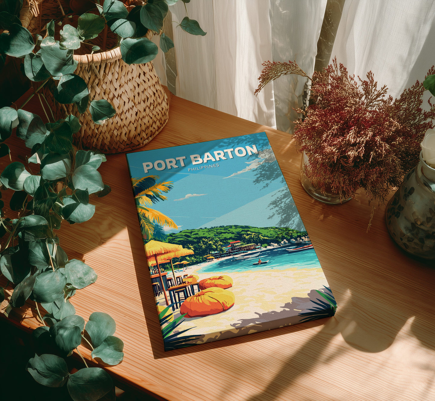Book titled 'Port Barton' on a wooden surface with plants around