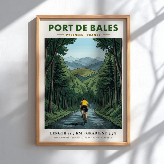 Poster of a cyclist climbing a winding road through a French Pyrenees forest
