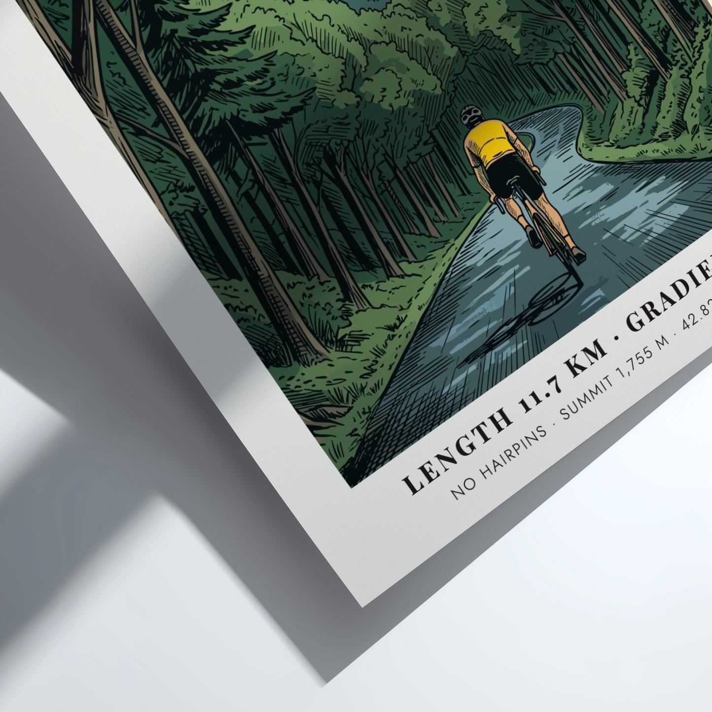 Poster of a cyclist climbing a winding road through a French Pyrenees forest