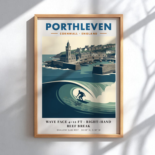 Poster featuring a surfer riding a wave in front of Porthleven harbour Cornwall