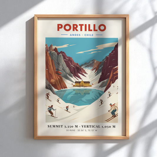 Portillo ski resort poster featuring vintage artwork of mountains and skiers in warm colors