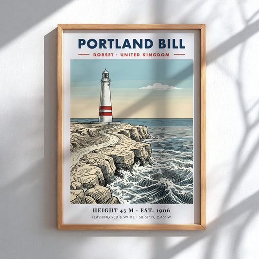 Poster of the Portland Bill lighthouse on rugged Dorset cliffs with blue ocean waves.