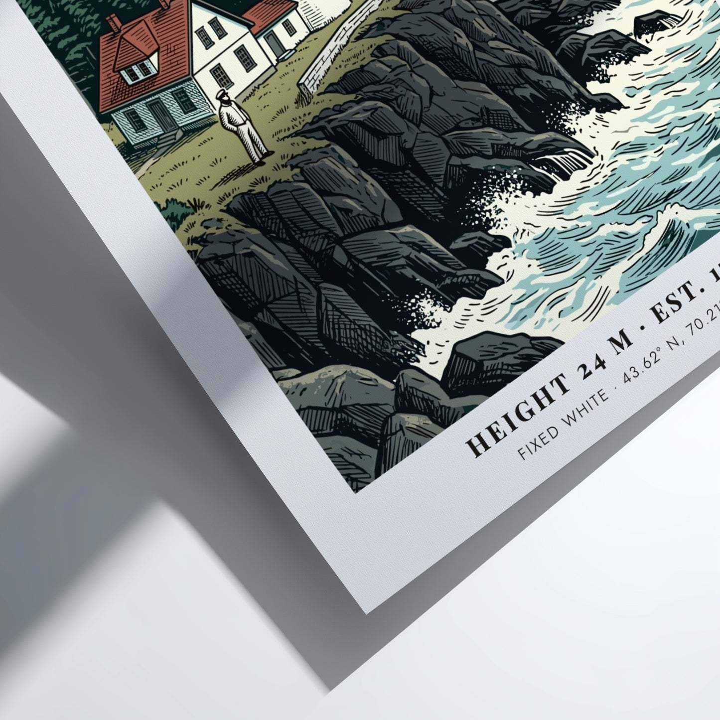Poster of Portland Head lighthouse in Maine featuring rocky cliffs and blue ocean waters.