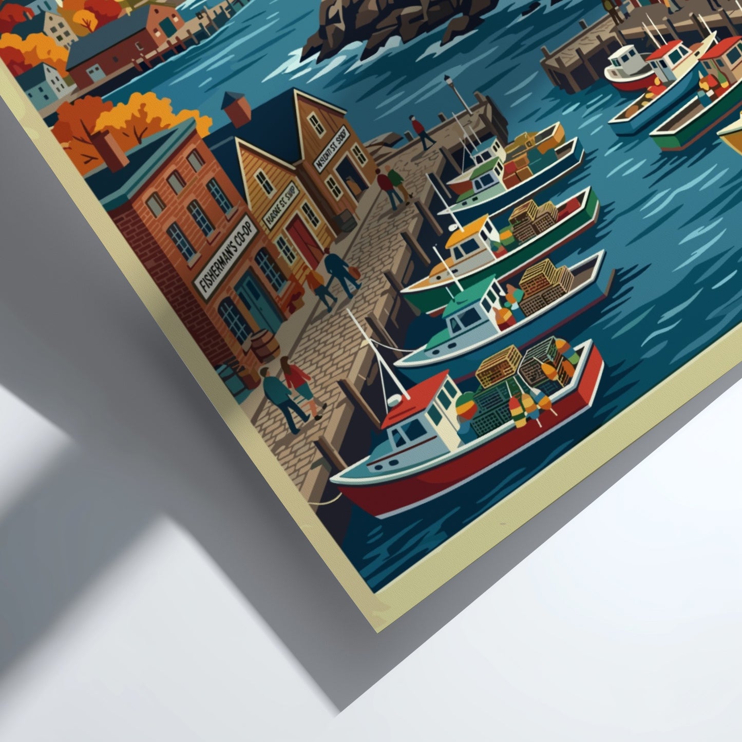 Travel poster of Portland Maine featuring a lighthouse, fishing boats, and autumn foliage.