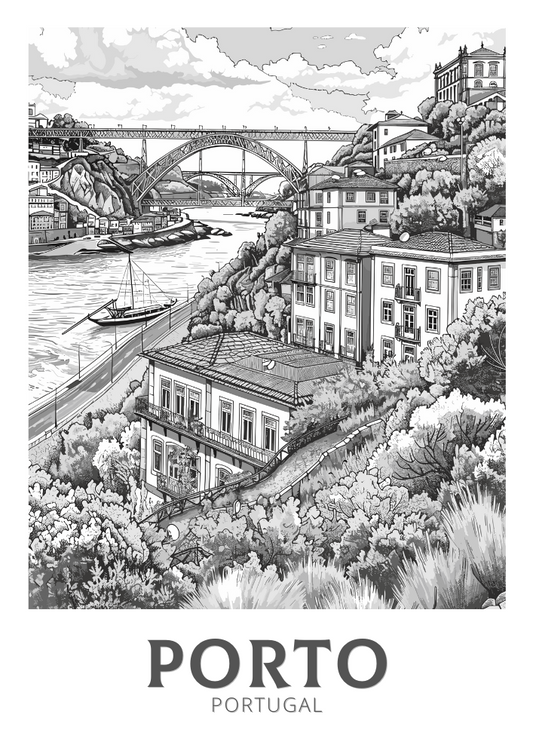 Affiche de voyage noir et blanc de Porto - Illustration du Portugal