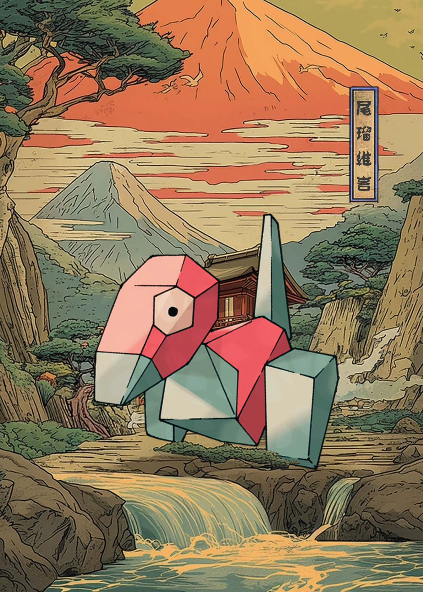 Porygon Pokemon in a Japanese-style landscape with Mount Fuji