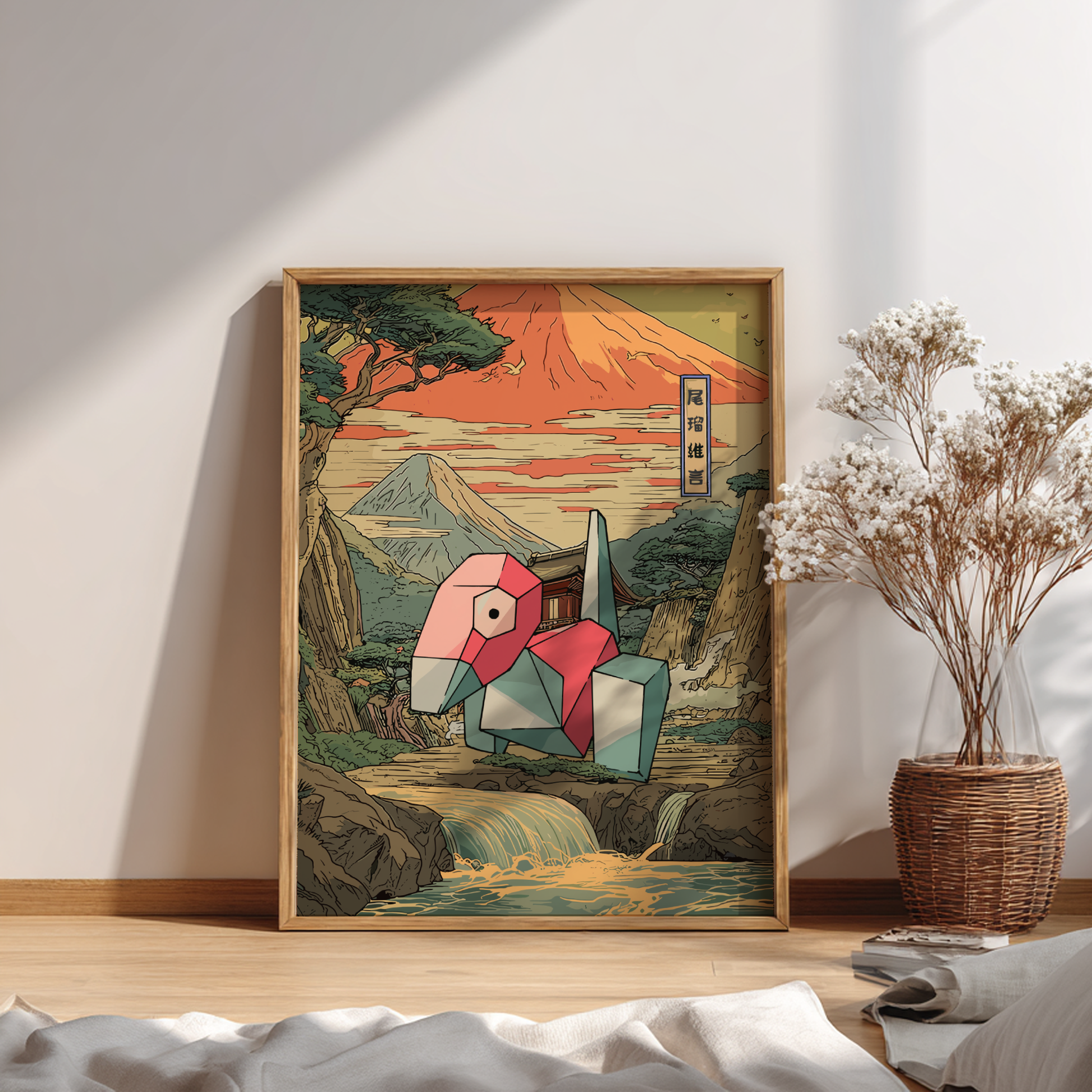 Framed artwork of Porygon Pokemon in a traditional Japanese setting on a wall.