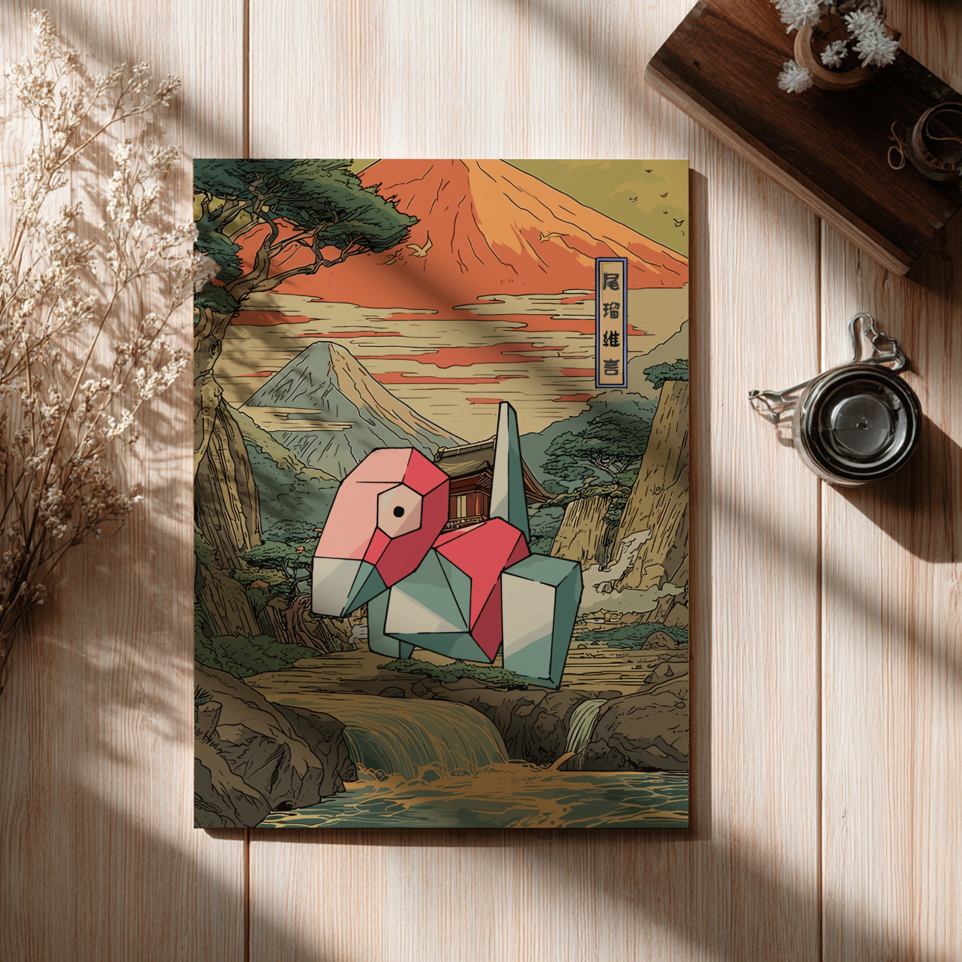Wooden plaque with a stylized illustration of Porygon Pokemon in a Japanese-inspired landscape on a wooden surface.