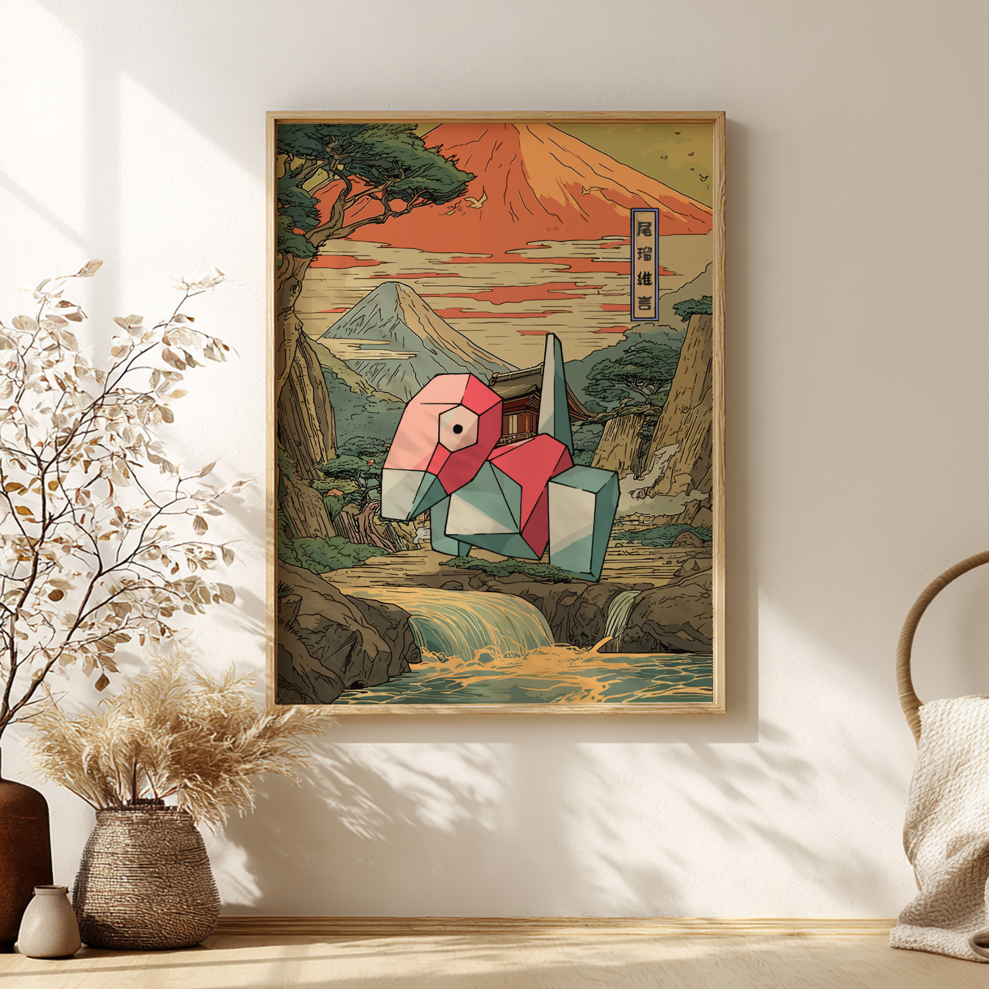 Framed artwork with a stylized landscape and Porygon Pokemon in a room with decor elements.