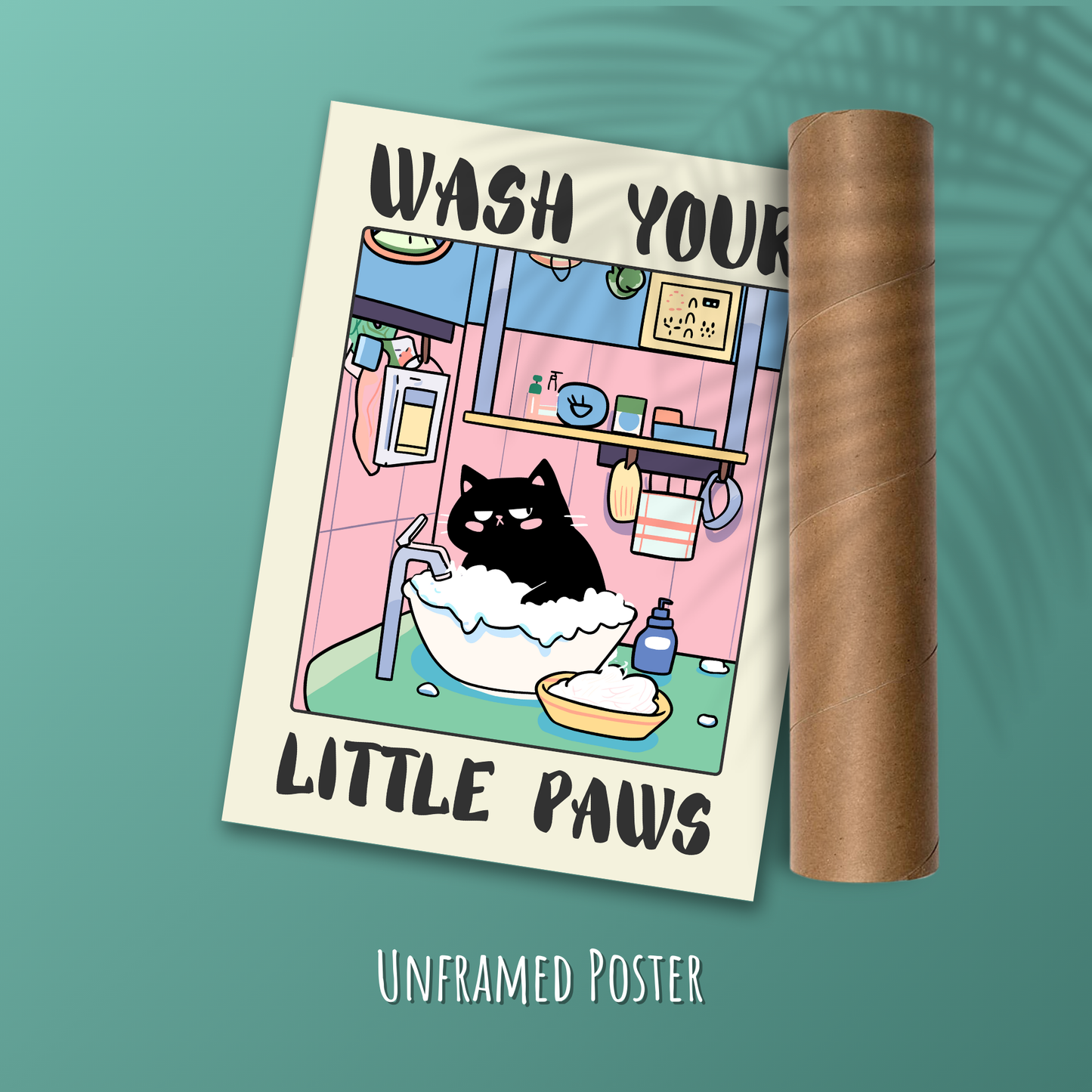 Wash Your Paws Black Cat Print – Funny Bathroom Poster