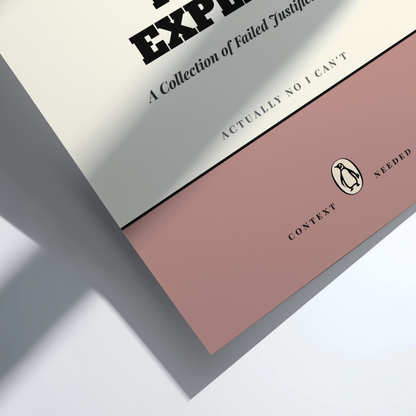 Funny quote poster featuring penguins book illustration with playful typography and warm colors