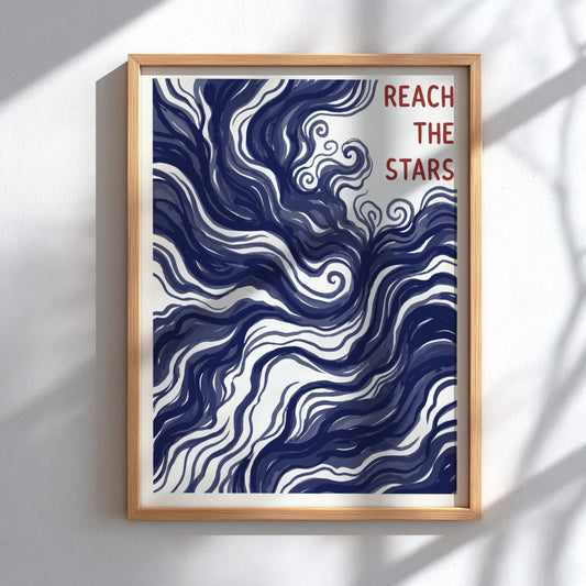 Motivational poster showing deep navy swirling nebula patterns with Reach The Stars text