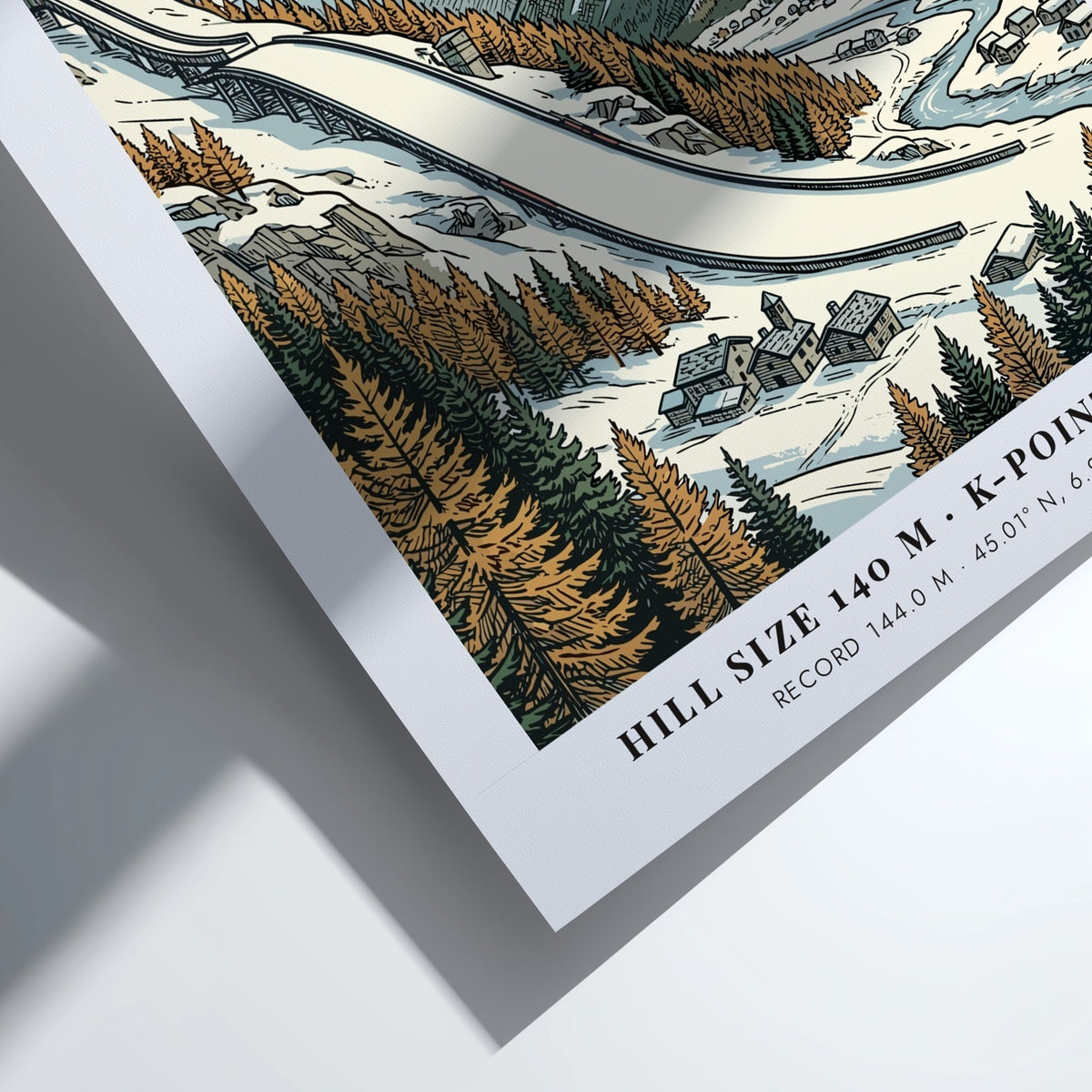 Poster of Pragelato ski jumping hill in the Italian Alps with winter mountain landscape.