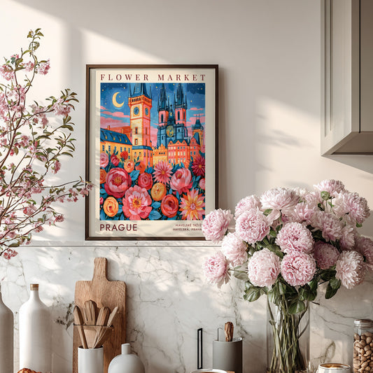 Flower market poster featuring vibrant blooms and Prague cityscape in warm colors