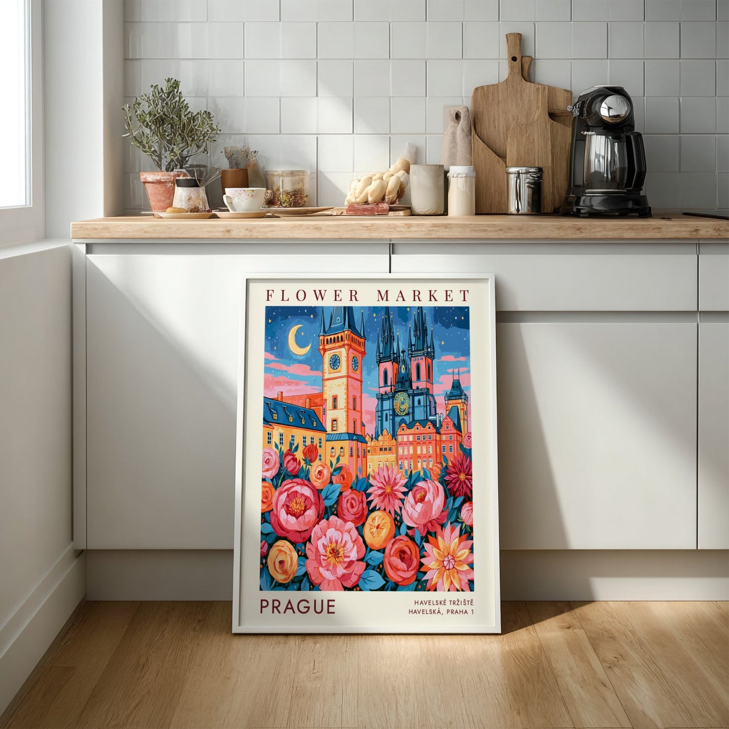Flower market poster featuring vibrant blooms and Prague cityscape in warm colors