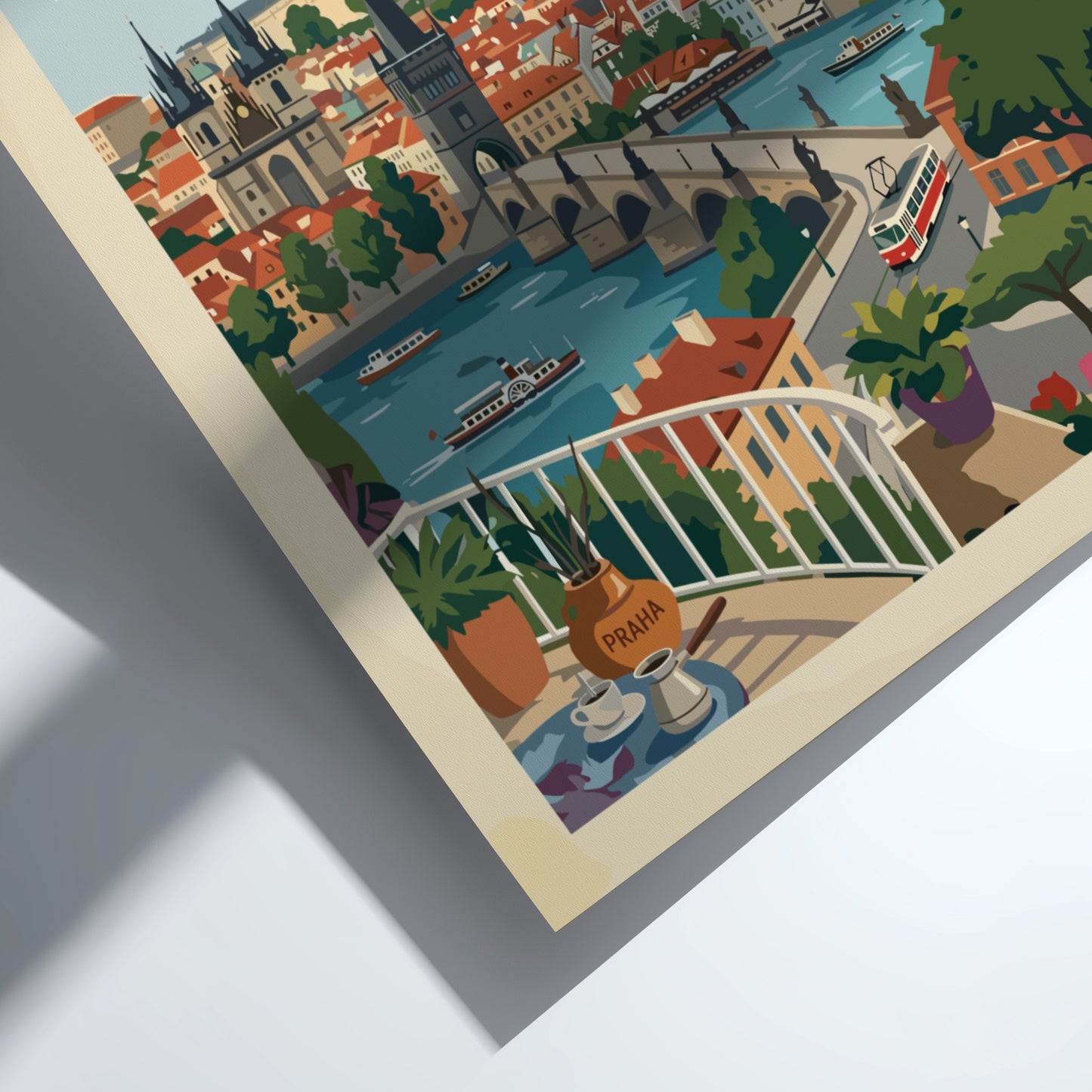 Vintage Prague travel poster featuring Charles Bridge and Prague Castle in a retro art style.
