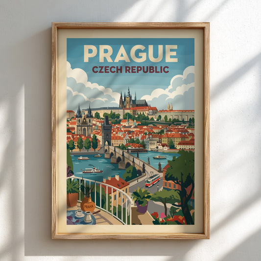 Vintage Prague travel poster featuring Charles Bridge and Prague Castle in a retro art style.