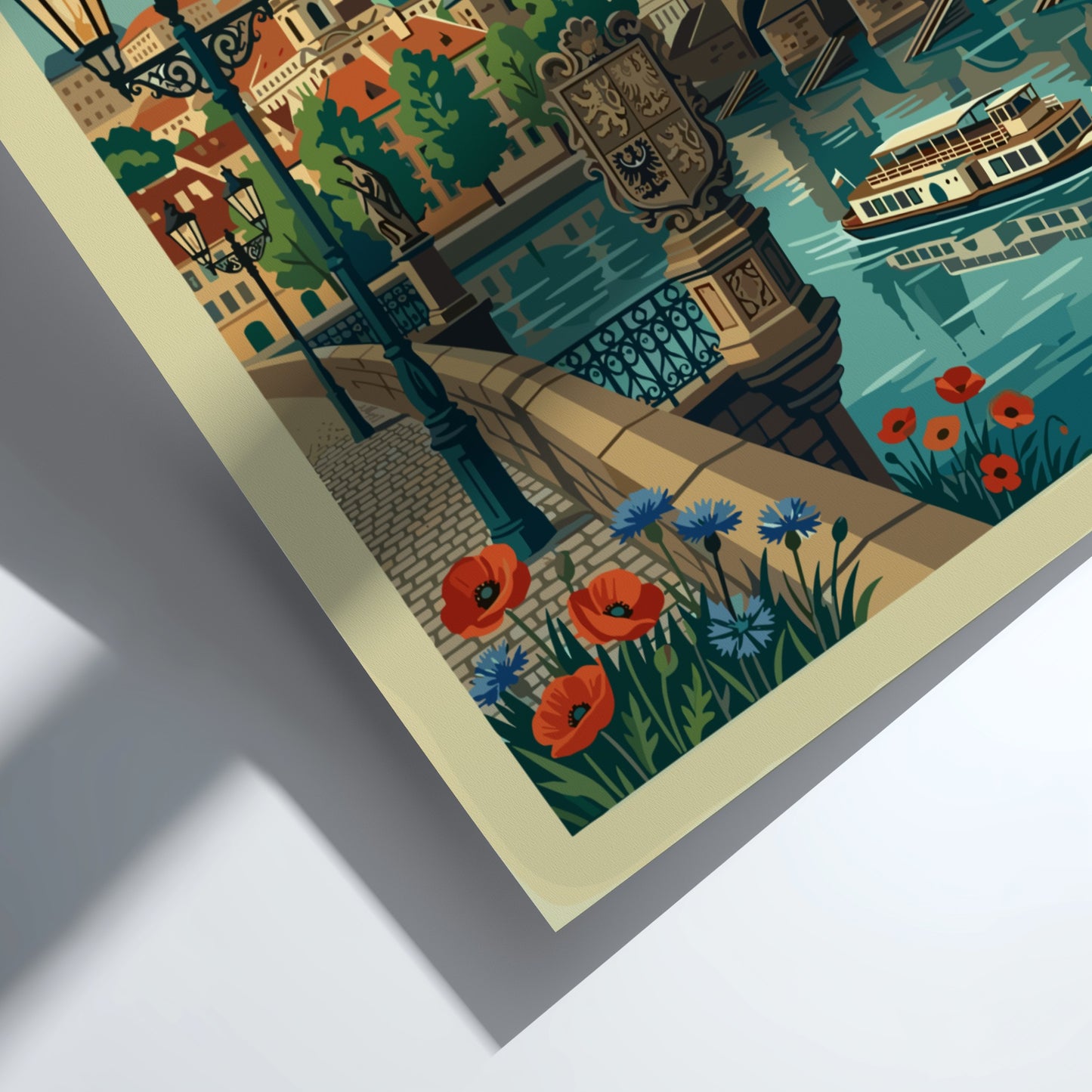 Stylized travel poster of Prague's Charles Bridge and cityscape in a vintage art style.
