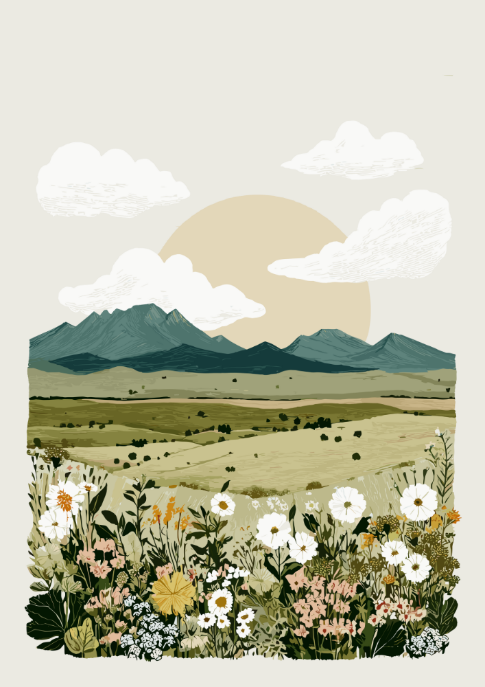 Illustration of a landscape with mountains, sun, clouds, and flowers.