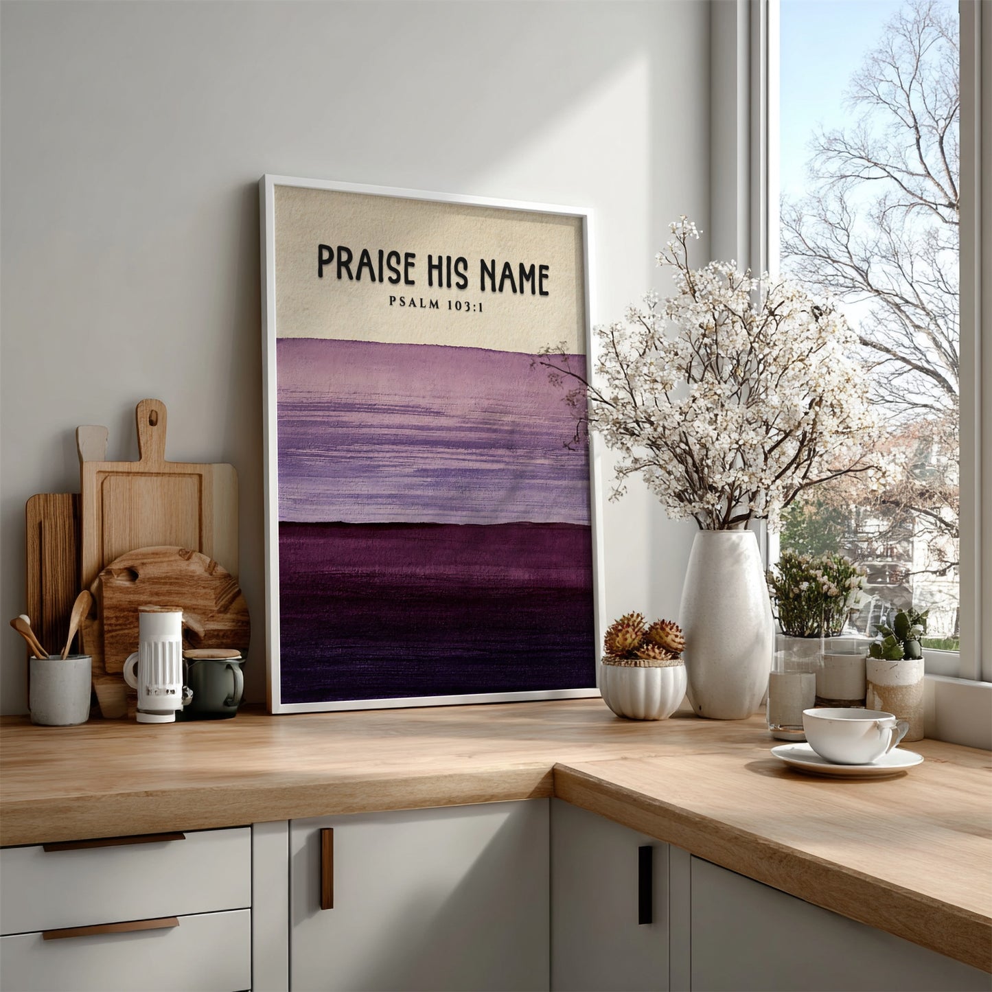 Praise His Name poster featuring Psalm 103:1 in calming purple gradient design