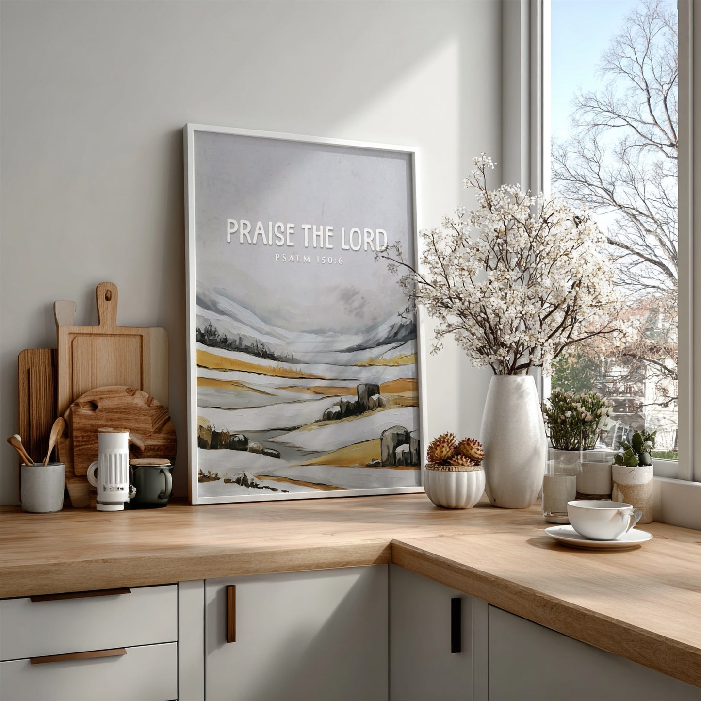 Praise the Lord poster featuring Psalm 150:6 in soft greys and earth tones, ideal for religious wall decor.