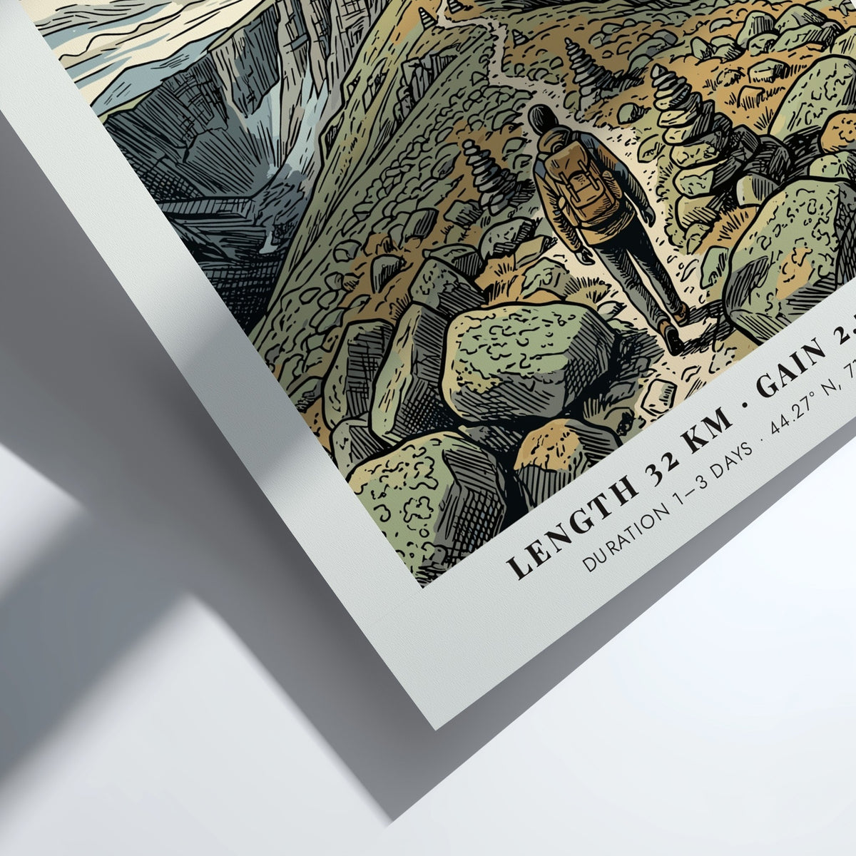 Hiking poster featuring a lone trekker on a rocky ridge in the mountains