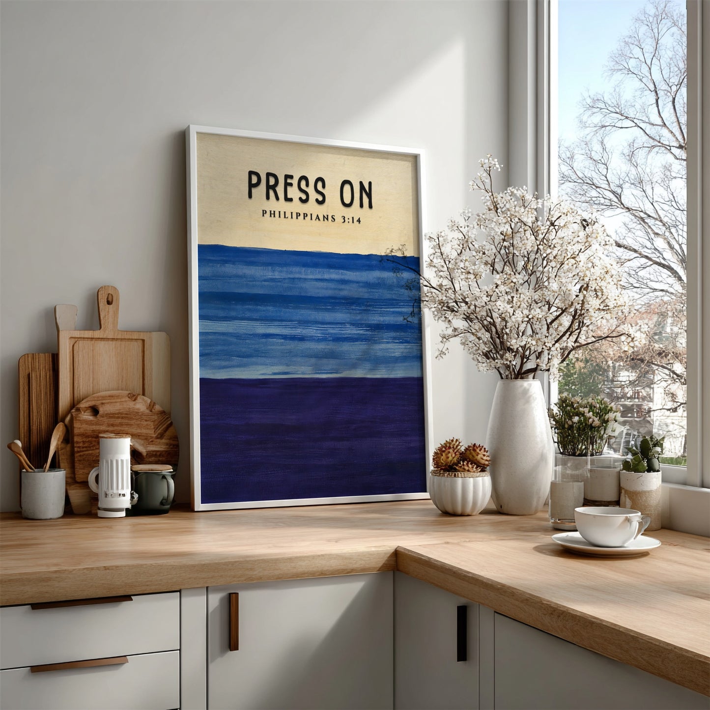 Inspirational poster featuring Philippians 3:14 in calming blue and purple hues, perfect for motivation and