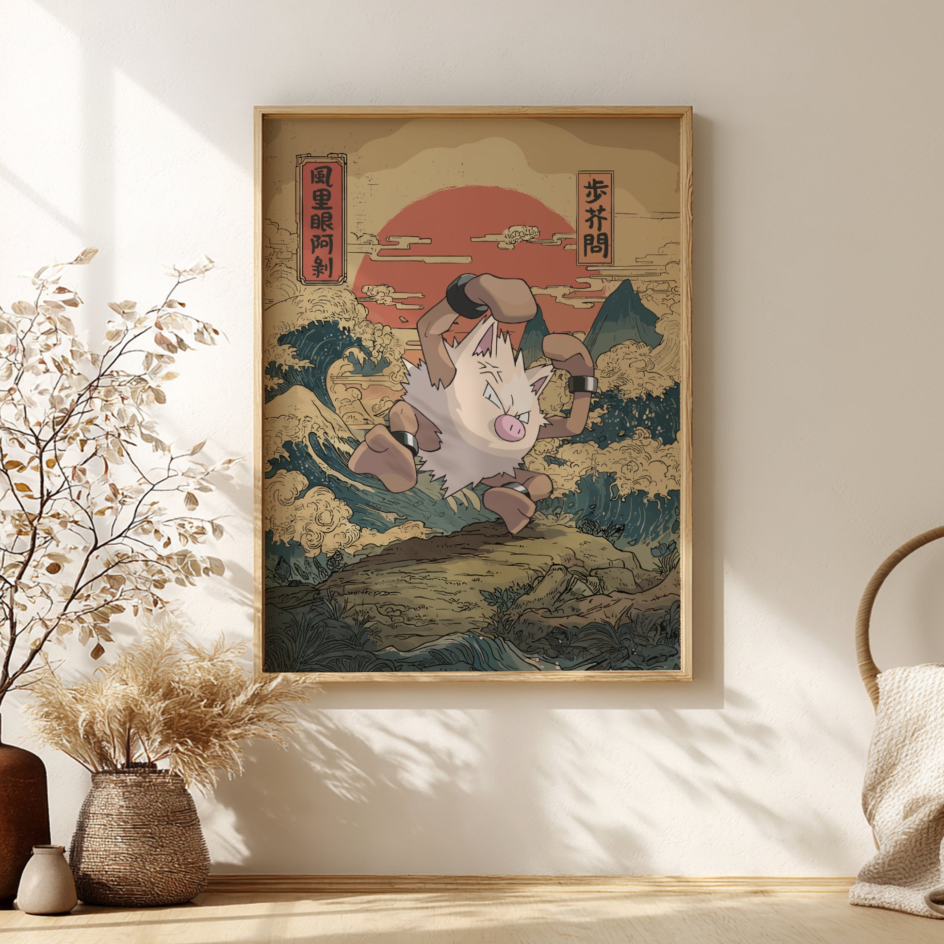 Framed artwork with a stylized Primeape Pokemon design on a wall with decorative elements.