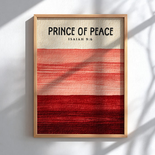 Prince of Peace poster with red gradient colors and Isaiah 9:6 verse, inspirational wall art