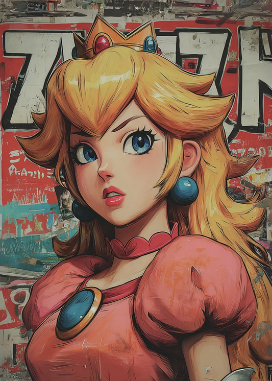 Princess Peach against a colorful, graffiti-style background