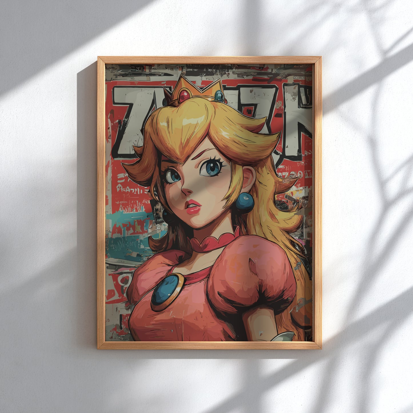 Framed artwork of a stylized Princess Peach with a colorful background