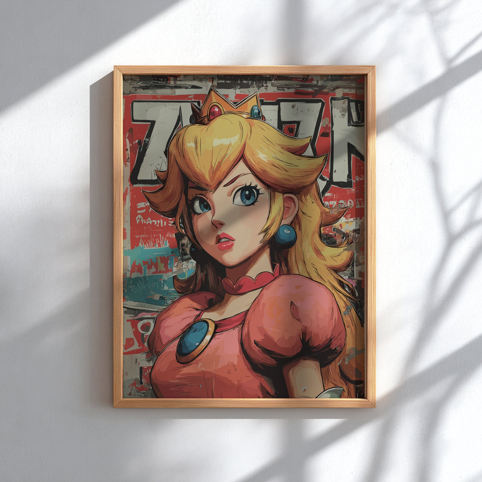 Framed artwork of a stylized Princess Peach with a colorful background