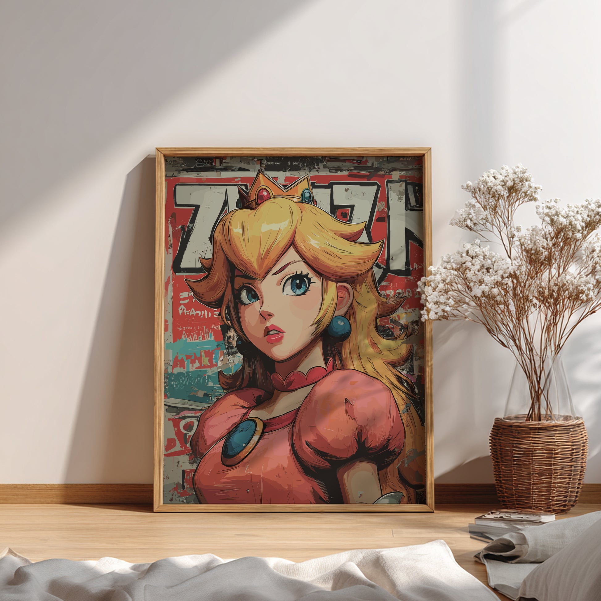 Framed artwork of Princess Peach on a wall.