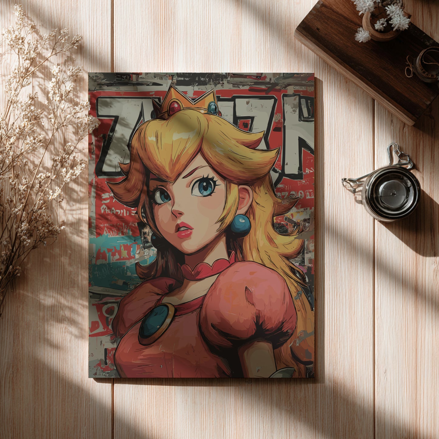 Anime-style Princess Peach on a wooden surface with decorative elements