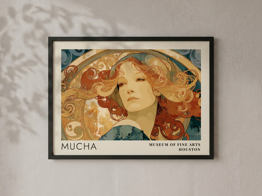 Wall art poster featuring Alphonse Mucha Princesse Hyacinthe portrait in warm amber tones